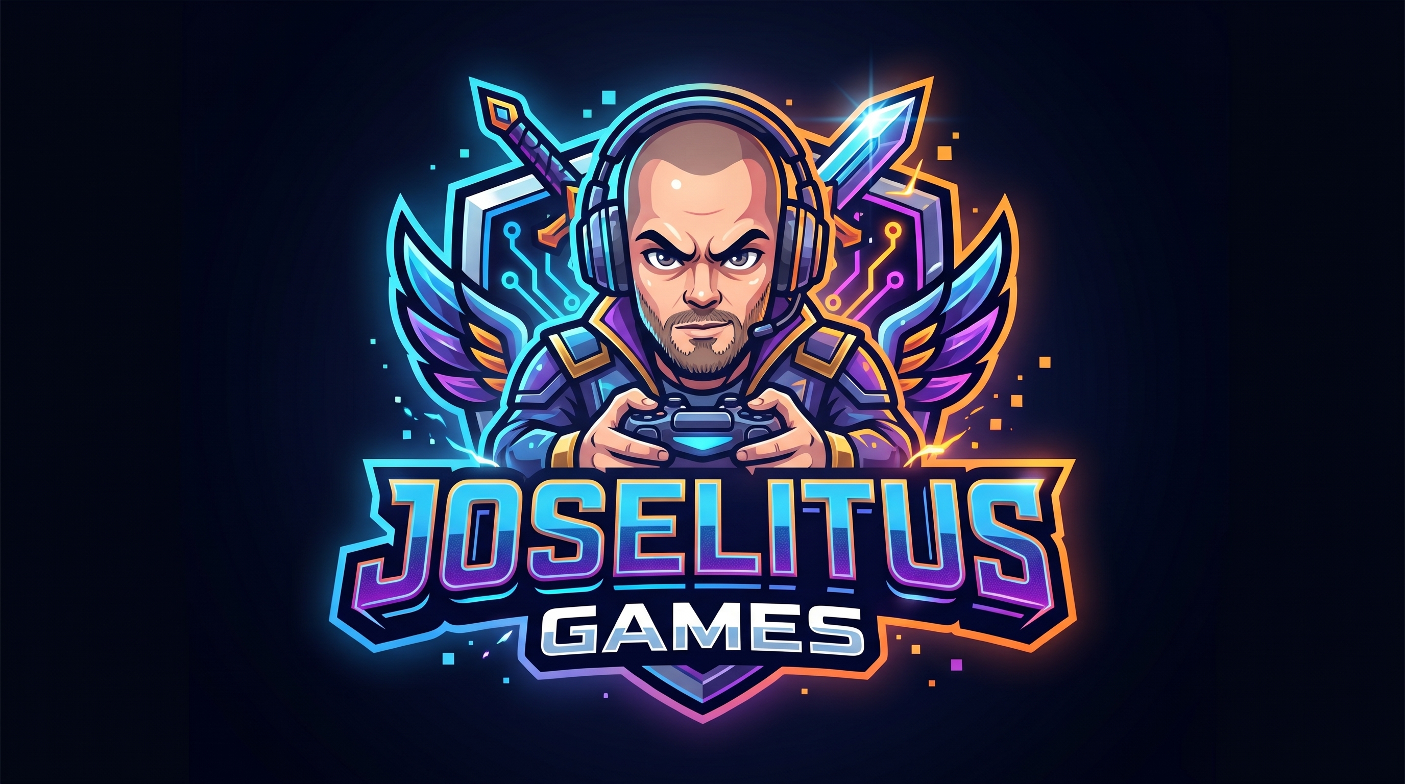Logo da Joselitus Games: gamer de headset segurando um controle, com espadas, escudo e asas neon